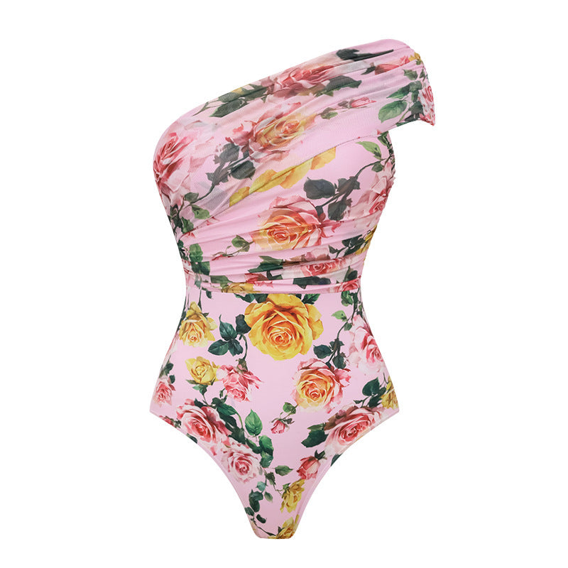 Pink Floral Asymmetric Ruched Swimsuit Set for Vacation