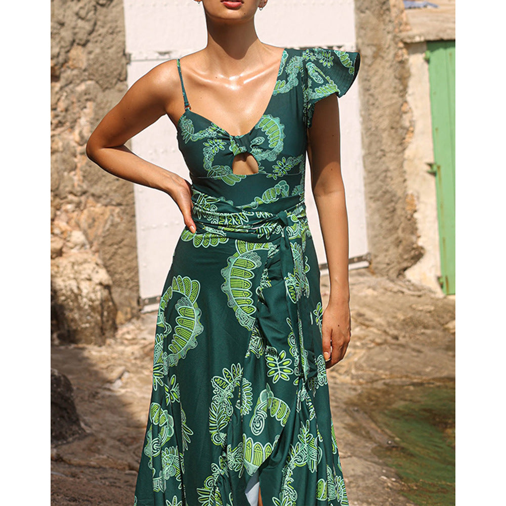 Asymmetric Ruffled Printing Sexy One Piece Swimsuit Women Two Piece Swimsuit