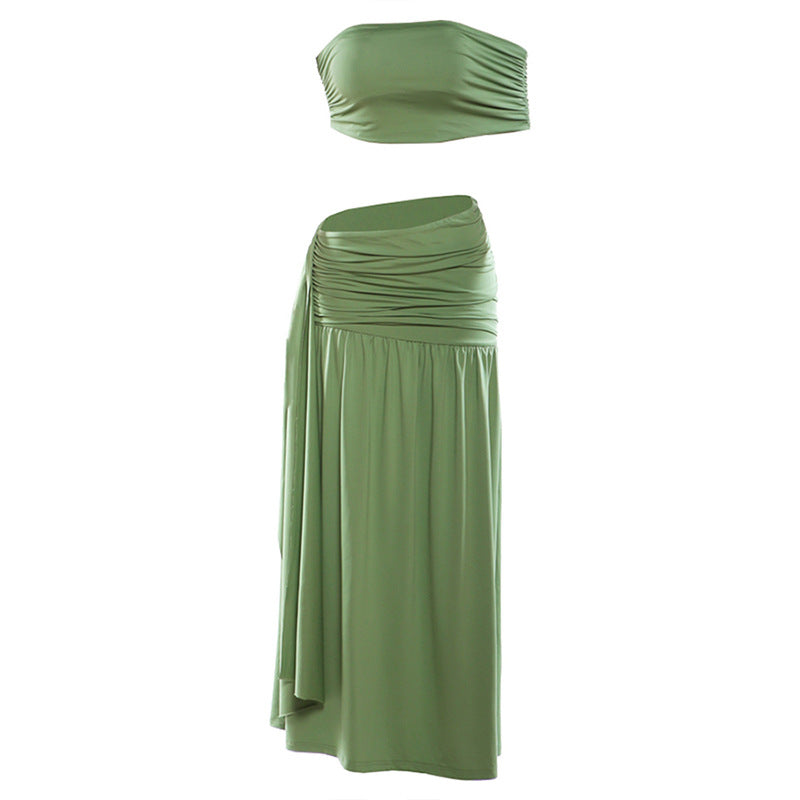 Women's Sexy Solid Ruched Off-Shoulder Crop Top & Maxi Skirt Set - Image 5