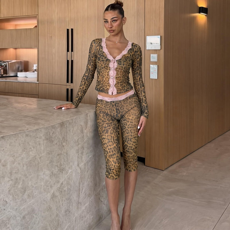 French Women Clothing Summer Mesh Patchwork Sexy Top Slim Fit See through Shorts Set