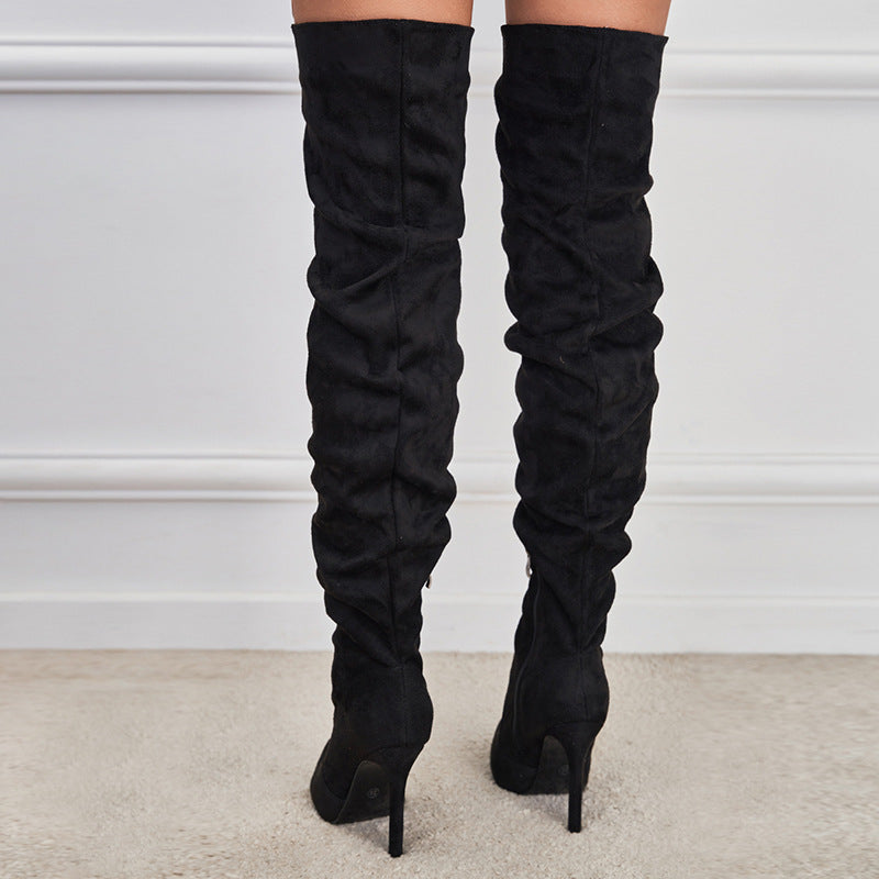 Pointed-Toe Suede Stiletto Boots with High Zipper — European / American Chic