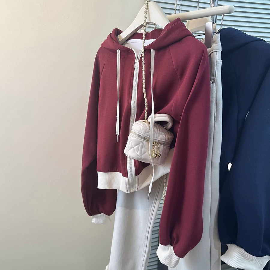 Women's Navy Blue & White Color-Blocked Cropped Hoodie - Image 4