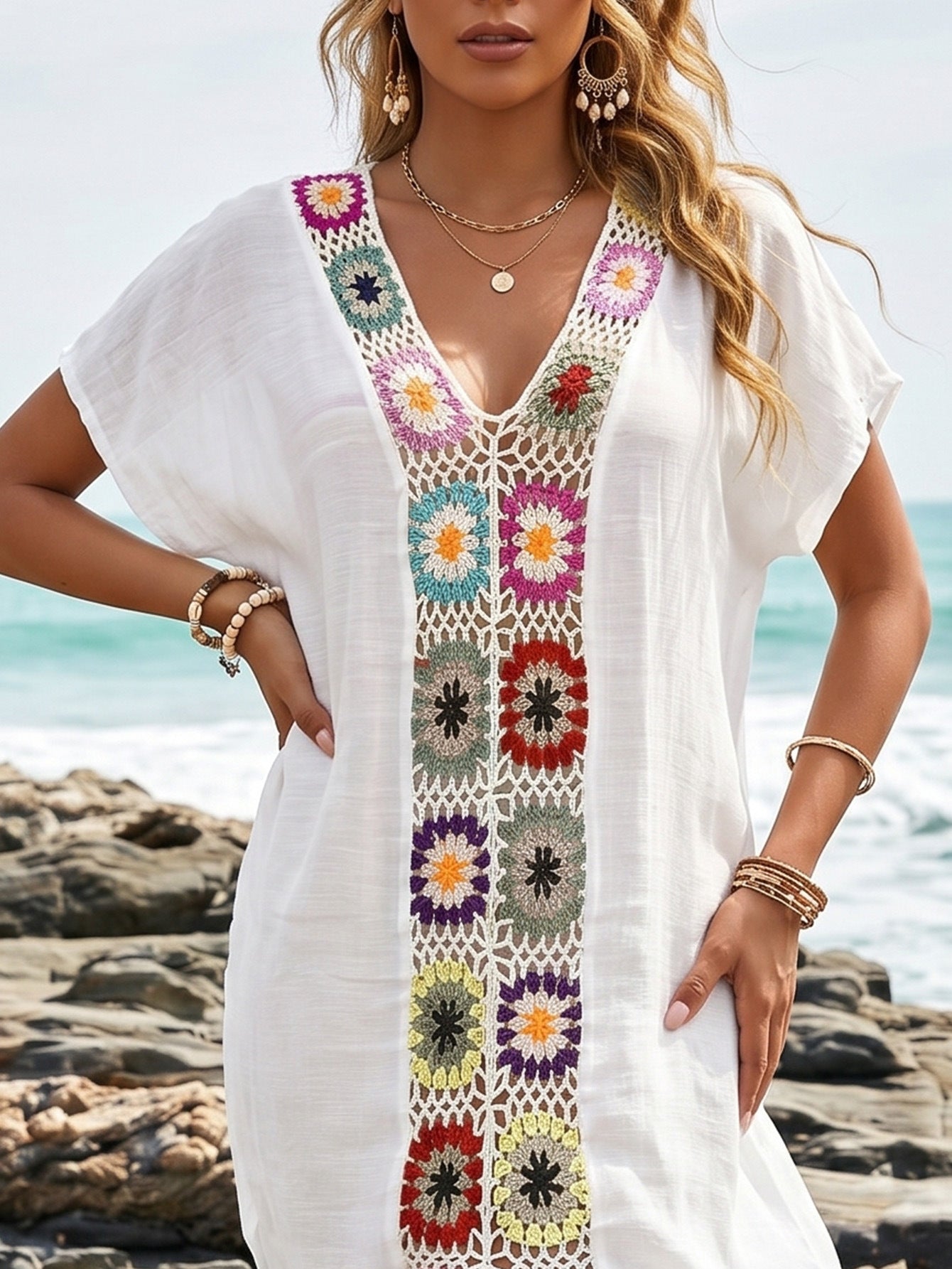 Women’s Crocheted Mixed Color Maxi Beach Blouse Boho Vacation Coverup