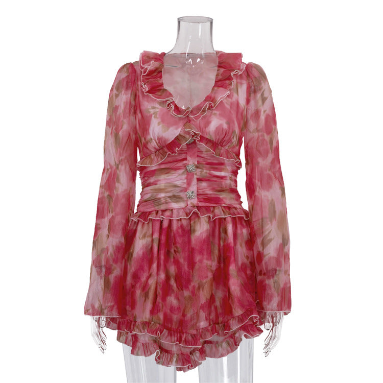 Summer Printed Short Temperamental Dress Women Design Ruffled Collar Long Sleeve High Waist A line Dress