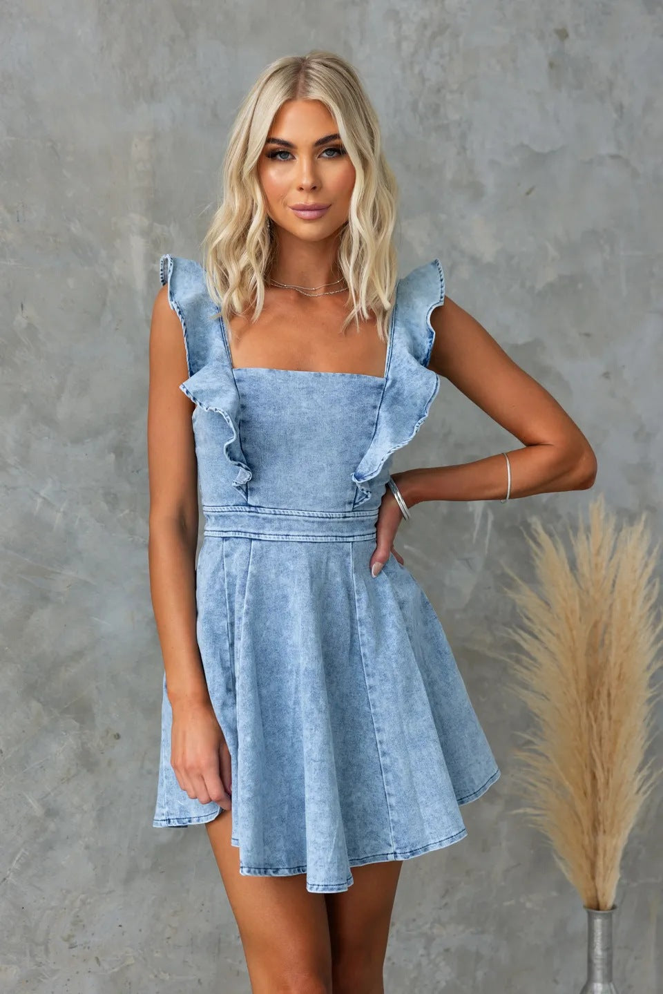 Ladies Summer Casual Flying Sleeves Backless Denim Dress