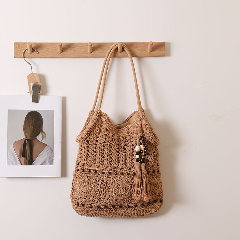 Woven Cotton Shoulder Bag with Wooden Beads and Tassel Detail - Image 2