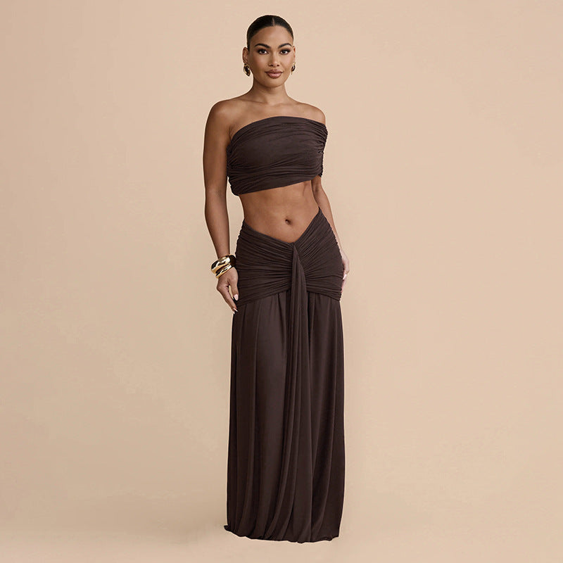 Women's Sexy Solid Ruched Off-Shoulder Crop Top & Maxi Skirt Set - Image 4