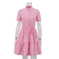 Women Clothing Polo Collar Short Sleeved Lace up Dress Summer Simple Sweet Shirt Short Dress