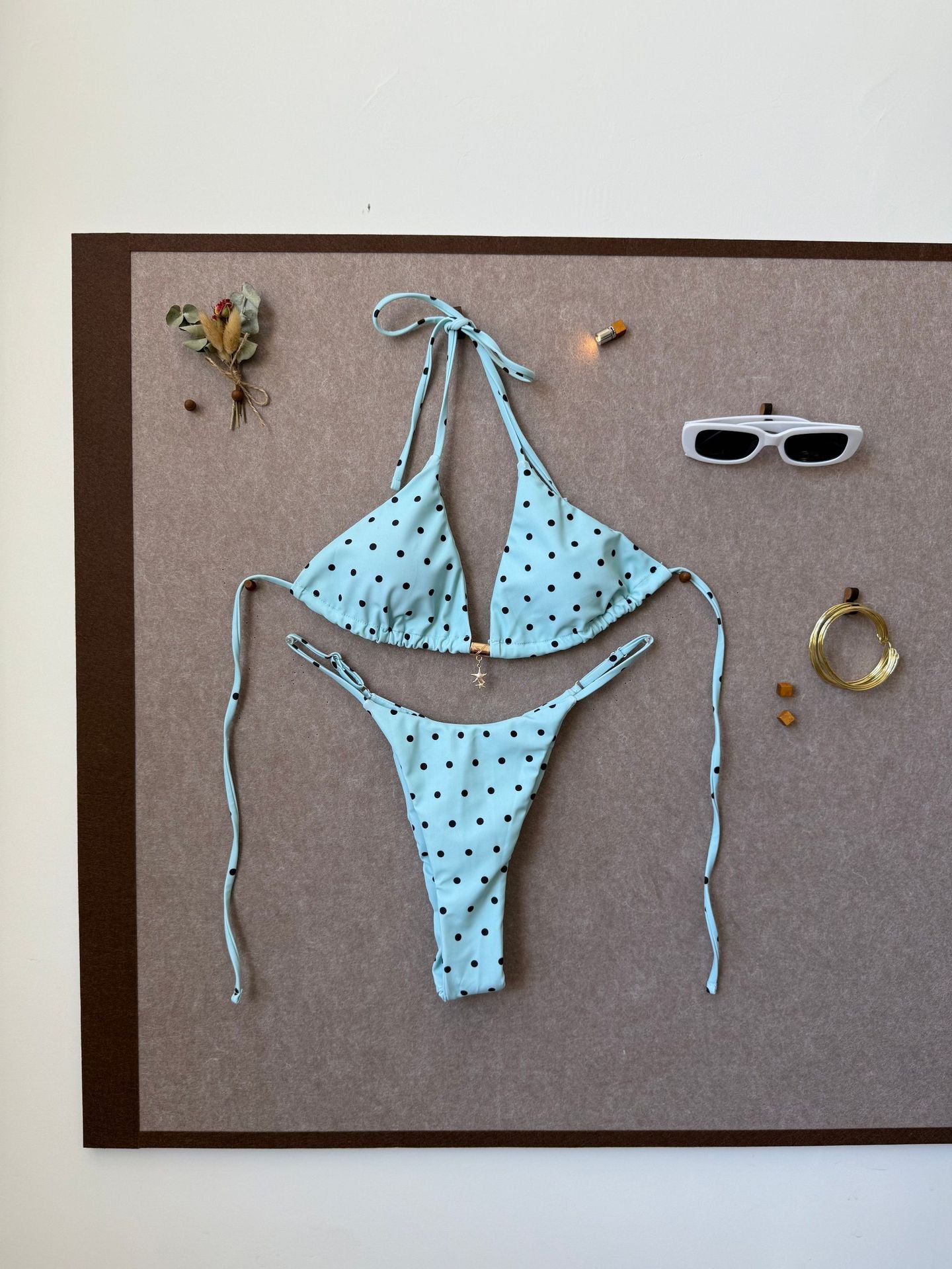 Polka Dot Halter Bikini with Color Splicing Detail