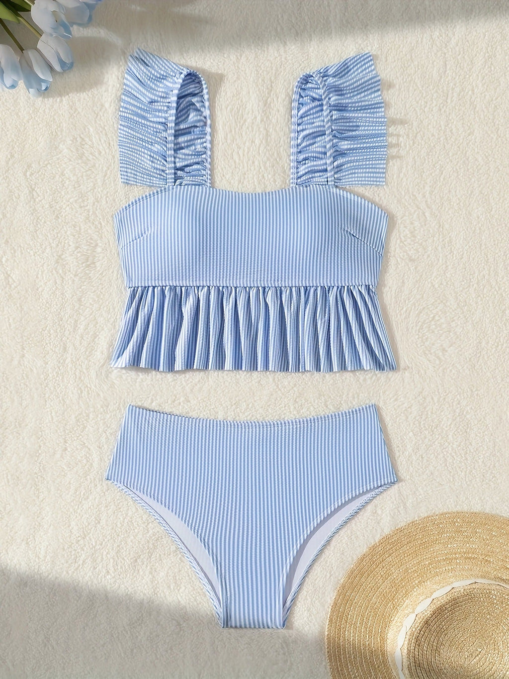 Striped Ruffle Crop Bikini Set - Bohemian Vacation Swimwear
