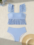 Striped Ruffle Crop Bikini Set - Bohemian Vacation Swimwear