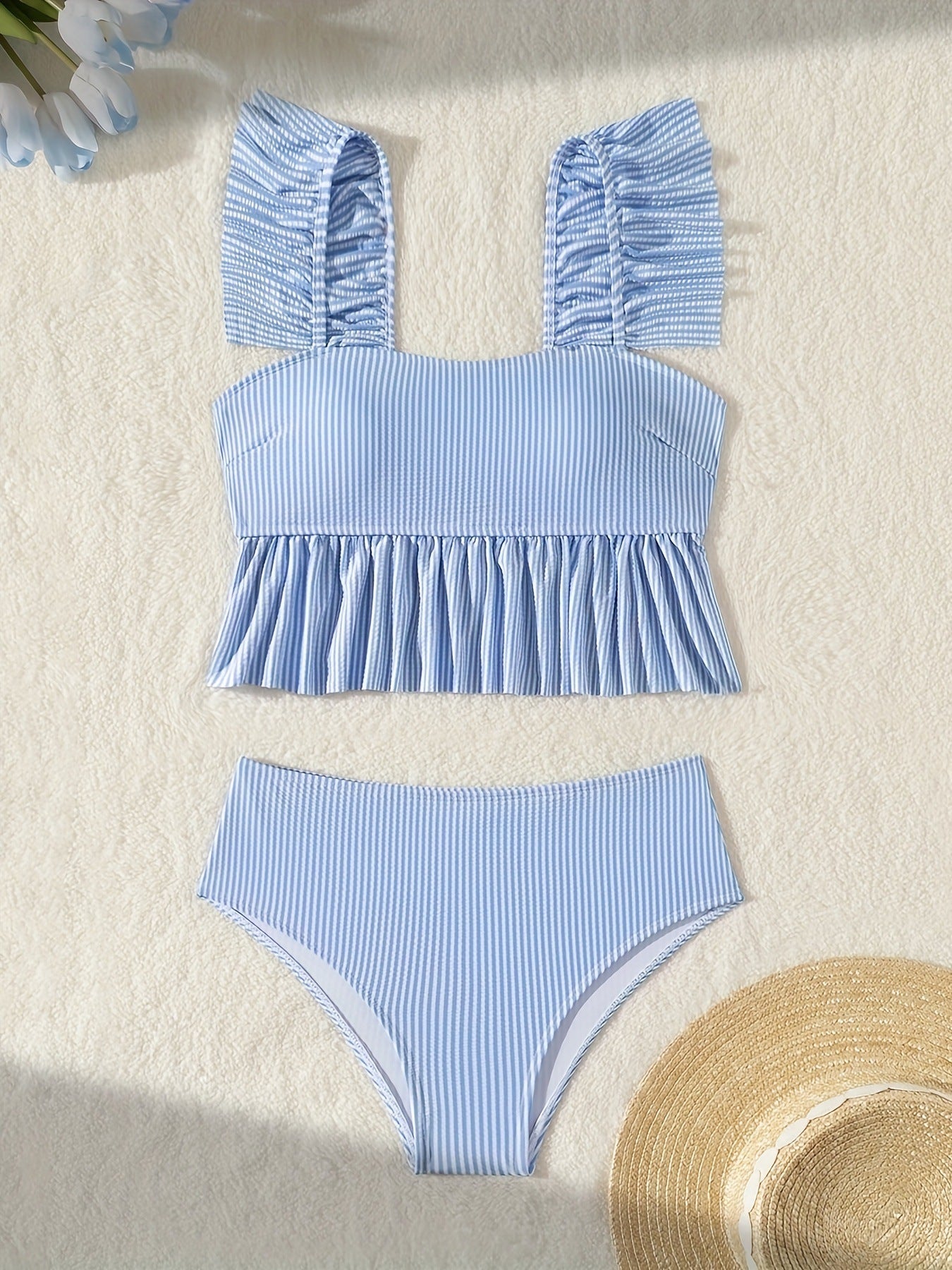 Striped Ruffle Crop Bikini Set - Bohemian Vacation Swimwear