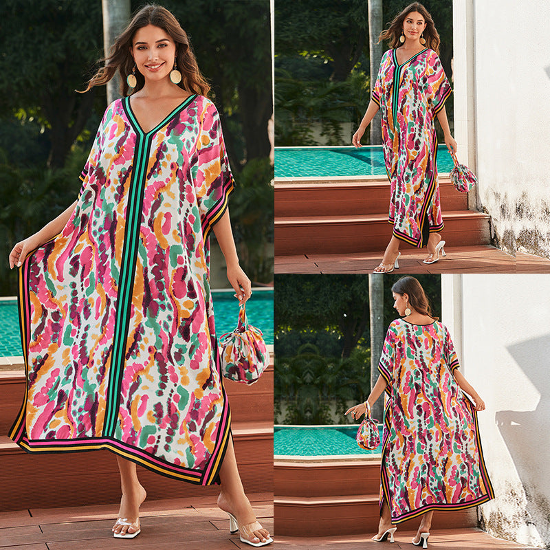 Rayon Tie Dyed Beach Maxi Dress Loose Robe Bikini Swimsuit Outwear Blouse Sun Protection Shirt