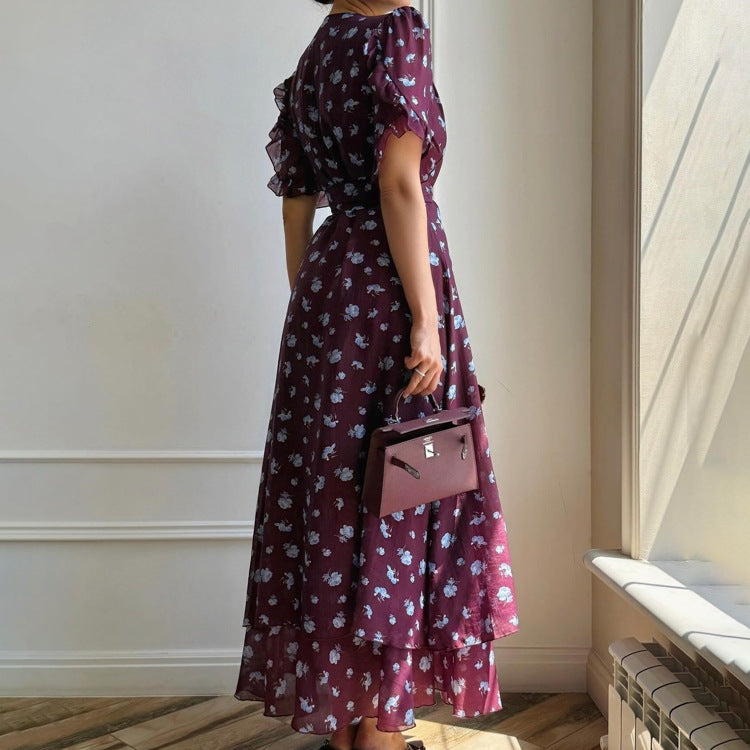 Print French Dress Women V neck Short Sleeve Single Breasted Dress