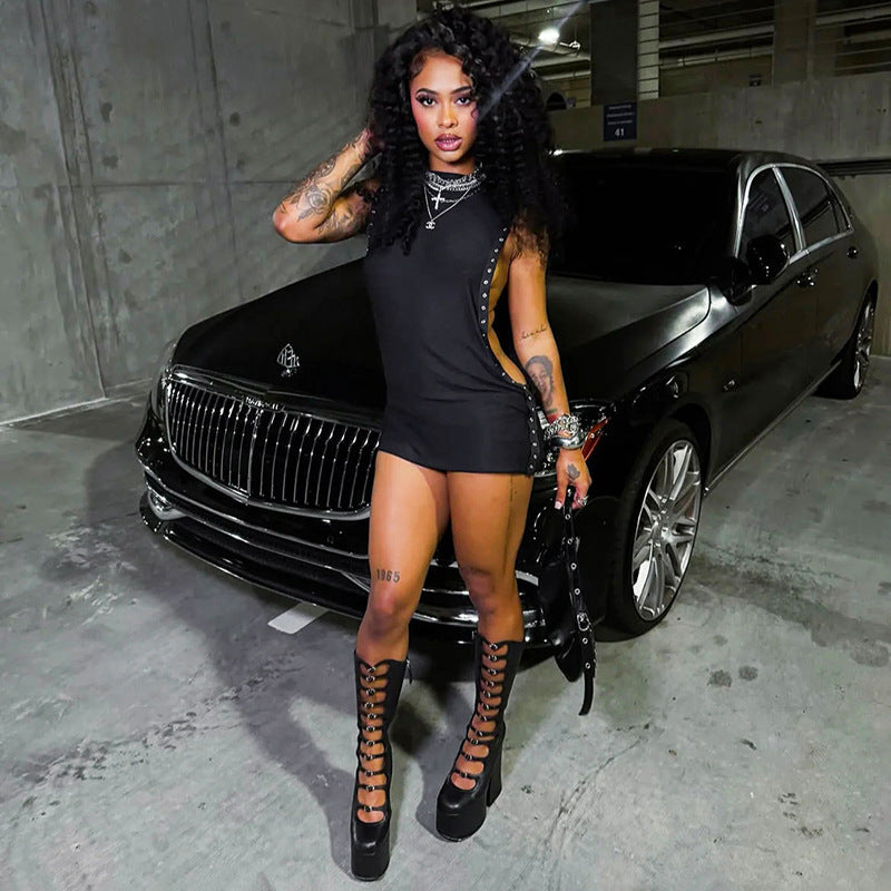 Women's Solid Color Sleeveless Studded Side Cutout Mini Dress - Image 3