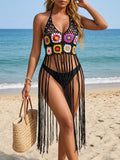 Boho Crochet Beach Cover Up Sleeveless Floral Fringe Tassel Top