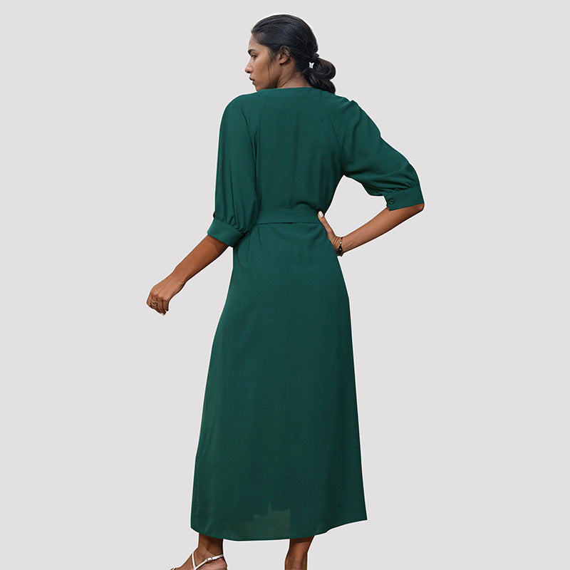 Summer Women Middle Sleeve Green Dress with Belt
