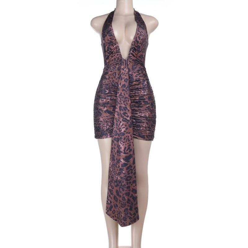 Sexy Leopard Print V neck Halter Ribbon Mini Dress Spring