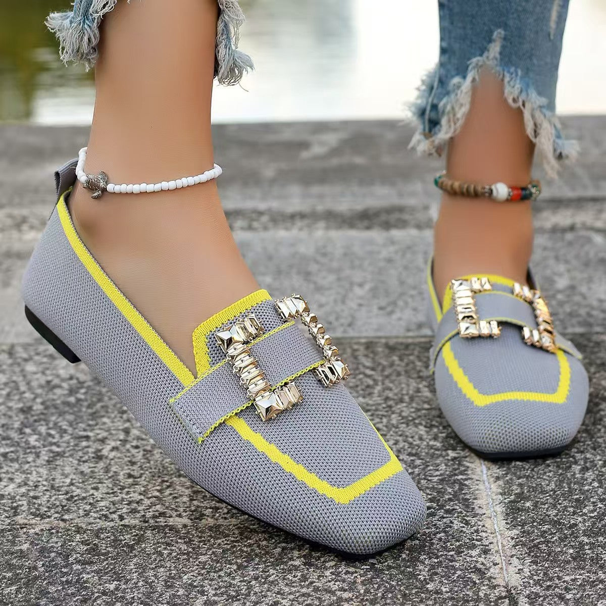 Women's Embellished Square Toe Knit Loafers Slip-On Flats - Image 2
