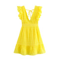Women Waist Slimming V Neckline Ruffled Sleeveless Dress