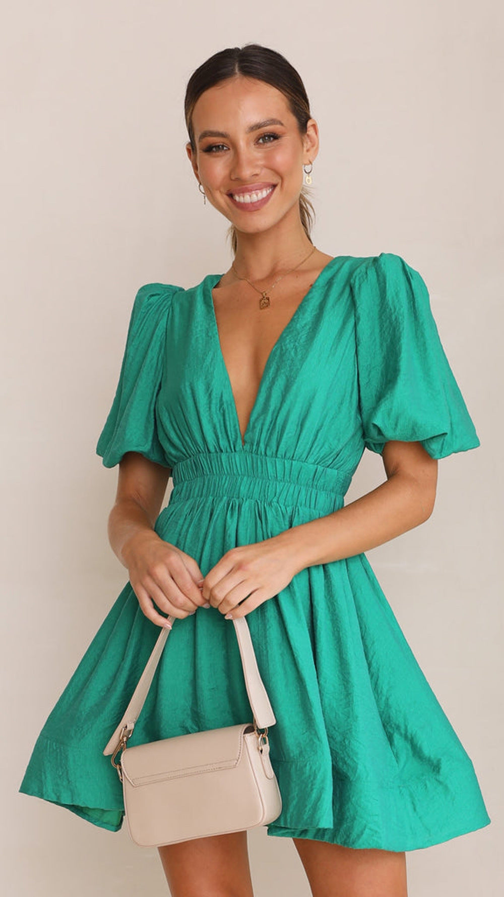 dress Sexy V neck Lantern Sleeve Waist-Tight Princess Dress Women Short Sleeve Dress