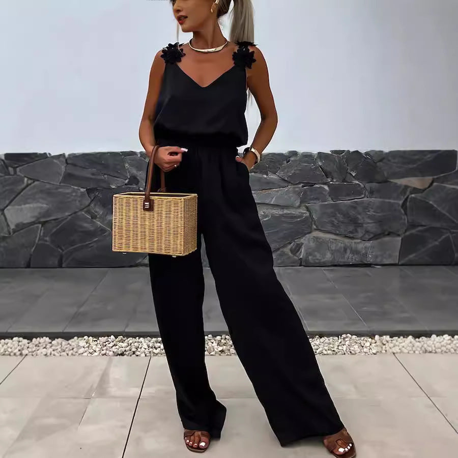 Relaxed Sleeveless V-Neck Wide-Leg Jumpsuit with Pockets