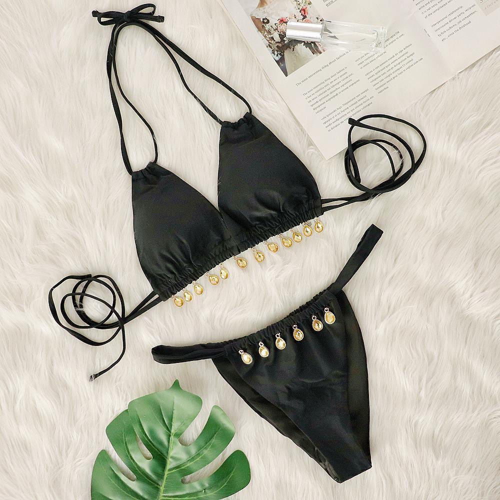 Pink Two Piece Gem Embellished Halter Bikini Sexy Swimsuit