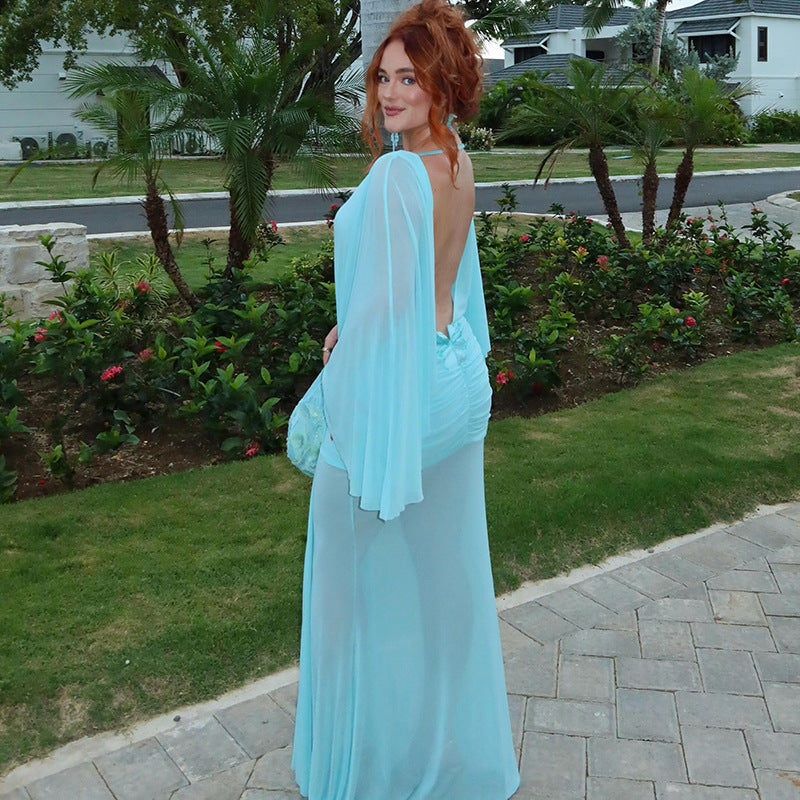 Summer Sexy See through Backless Solid Color Ribbon Dress