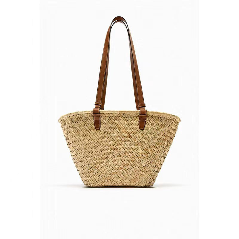 Woven Straw Shoulder Tote Bag with Leather Straps - Image 2