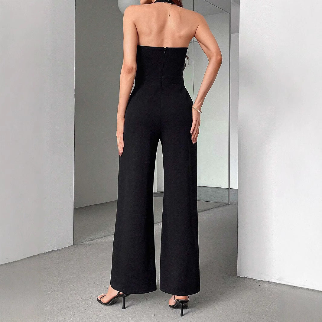 Black Straight Leg Halter Jumpsuit Sleeveless Trousers