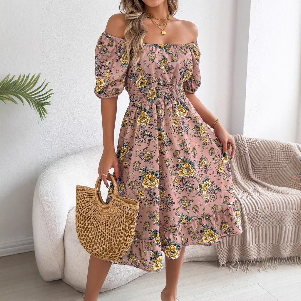 Spring Summer Off shoulder Short sleeved Floral Ruffled Vacation One piece Dress Independent Site Women Clothing