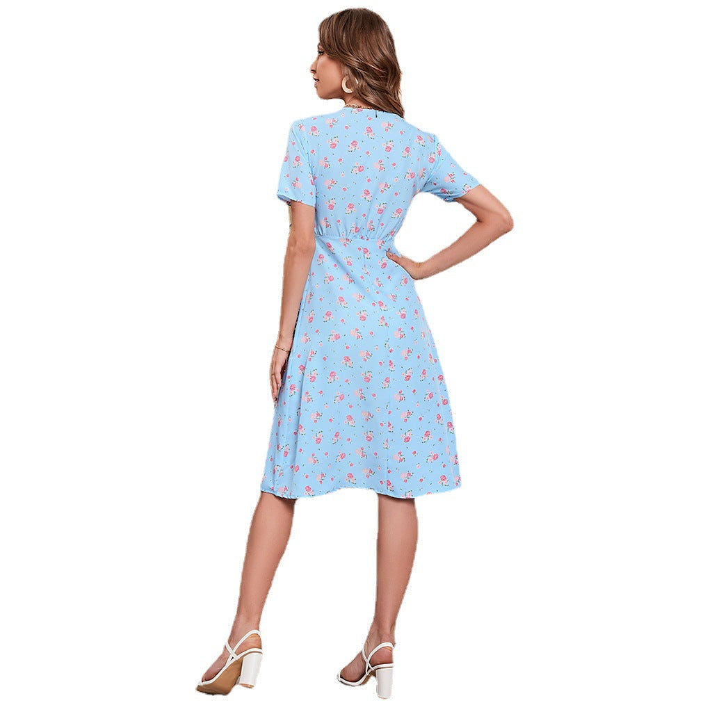 Summer Chiffon Printed V-neck Slim Dress A line