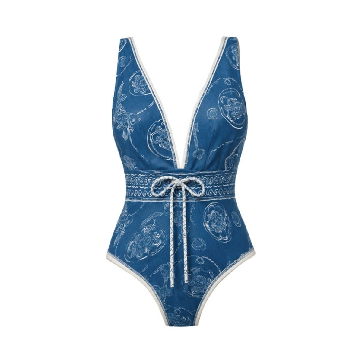 Swimsuit Blue Color National Pattern V neck One Piece Swimsuit Women