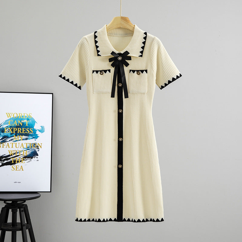 Summer French Classic Contrast Color Striped Short Sleeve Knitted Mid Length Dress Women Waist Slimming