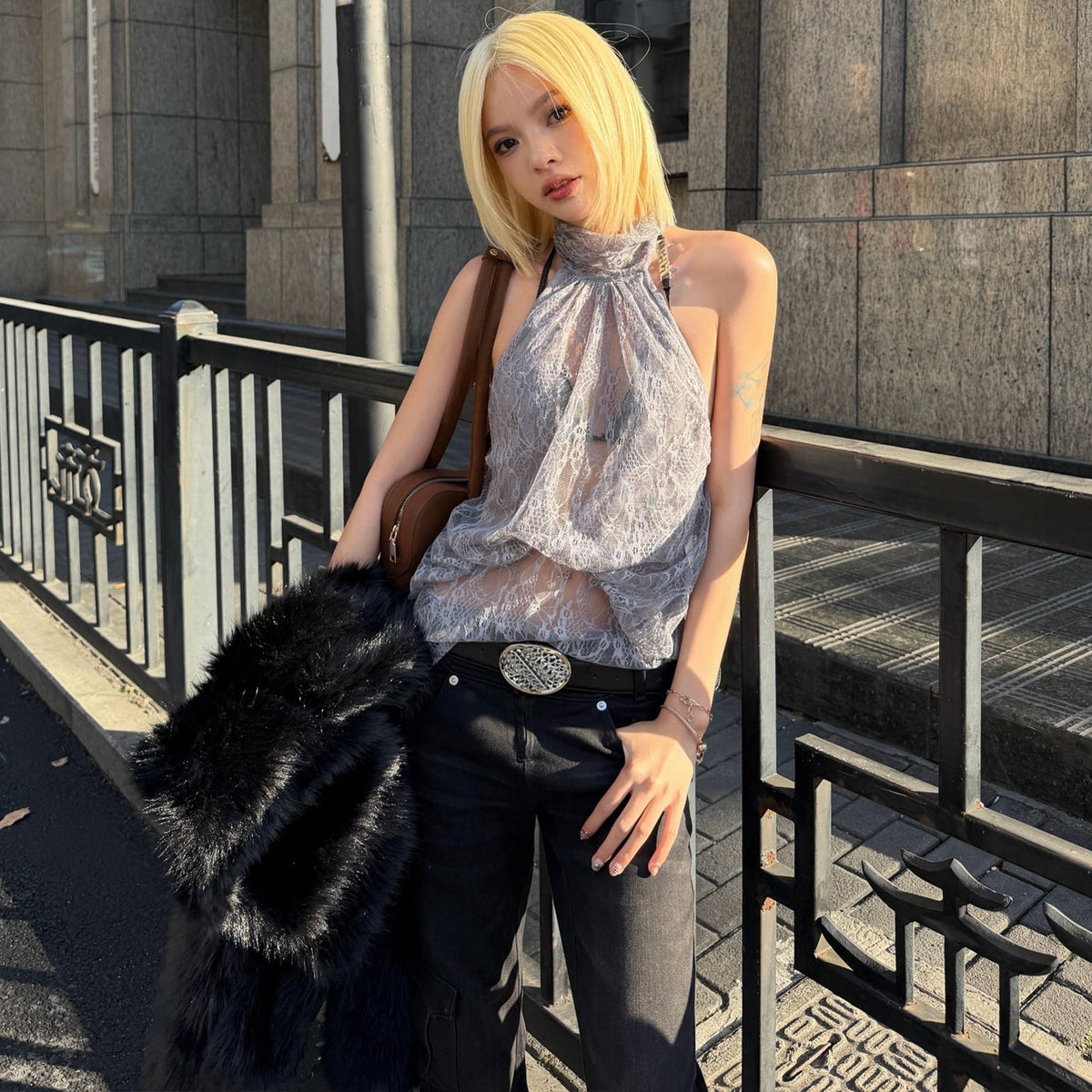 Women Clothing Summer Fashionable Chic High Neck Lace See Through Sleeveless Backless Irregular Asymmetric Top