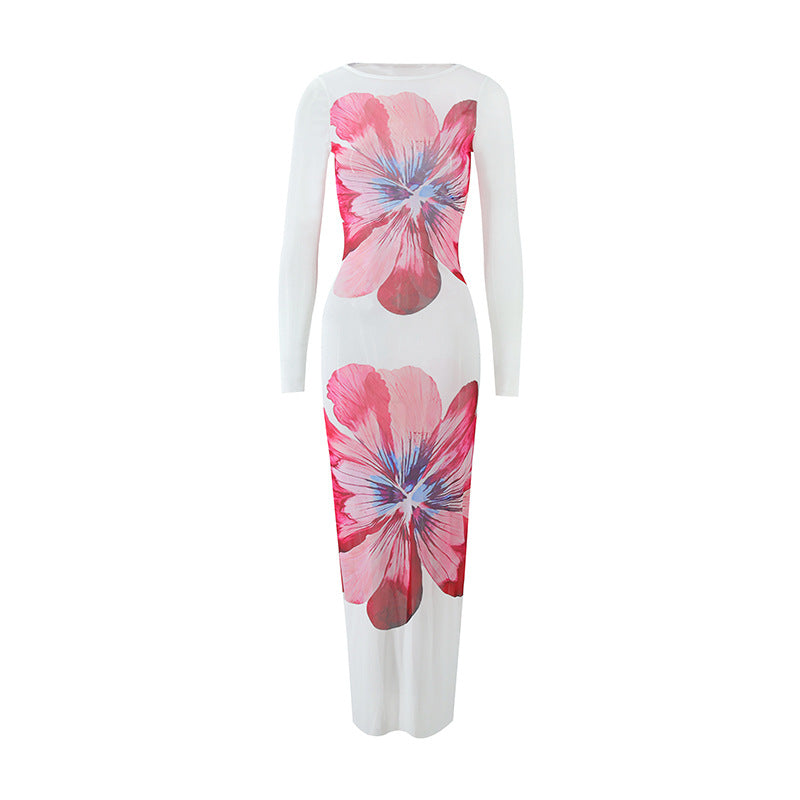Summer Sexy Voile Printing Sheer Long Sleeve Slim Fit Dress Women