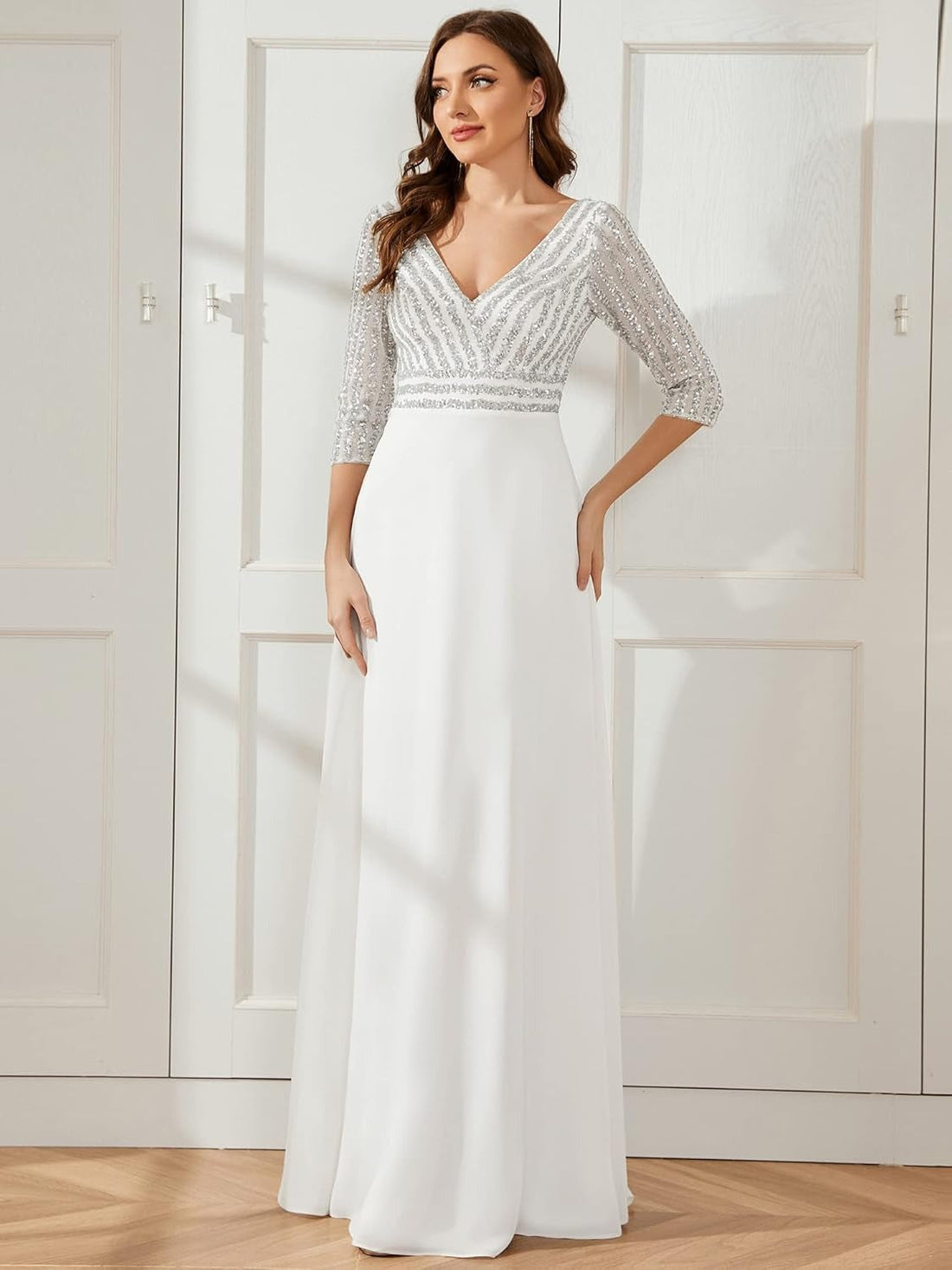 Women’s Chiffon Double V-Neck Sequin Evening Dress Slim A-Line