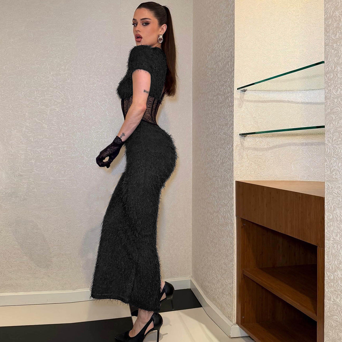 Sexy Slim Fit See-Through Split Short Sleeve Elegant Mini Dress