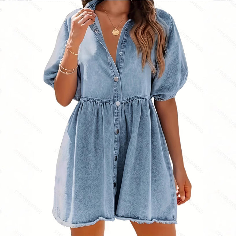 Light blue washed denim dress with lapel collar and ruffle hem