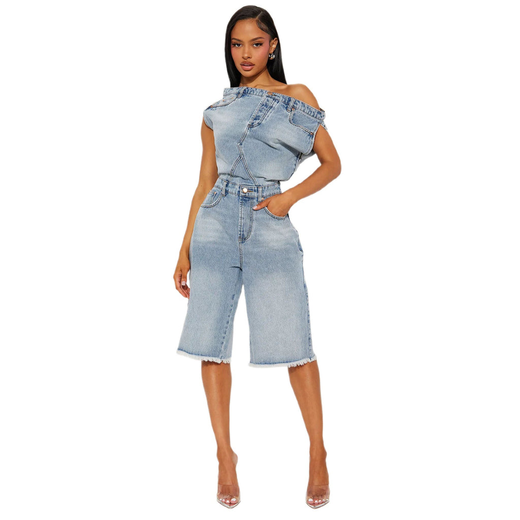 Women's Off-Shoulder Denim Romper | Sleeveless Bermuda Shorts