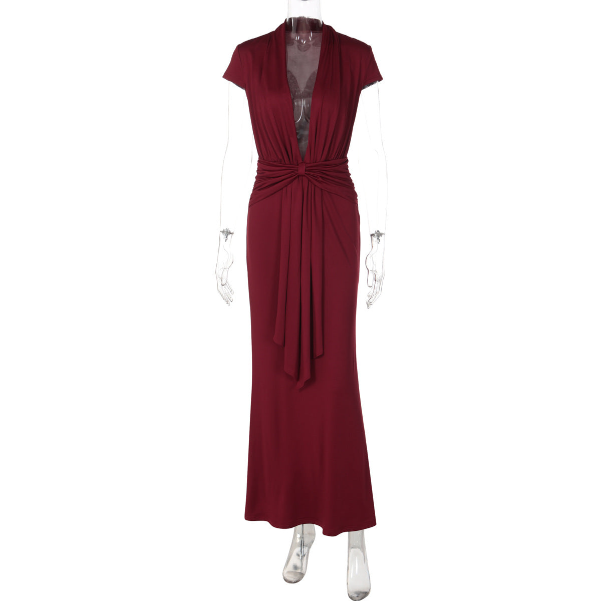 Sexy Solid Color Deep V Plunge neck Short Sleeve Ribbon Slim Sheath Dress