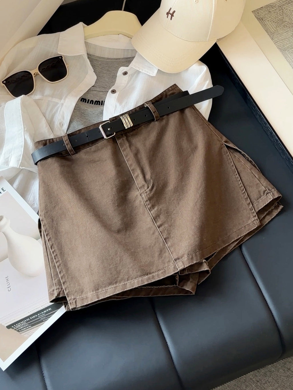 Retro Workwear High Waist Slimming Denim Short Culotte Women Autumn Anti Exposure A line Short Skirt