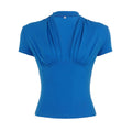 Lightly Mature Pleated Waist Tight V neck Halter Blue Top Fashionable Elegant Slim Fit Shoulder Short Sleeve T shirt Women