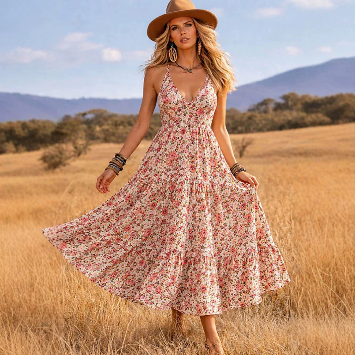 Women Clothing Summer Small Floral Print V neck Sexy Cami Dress