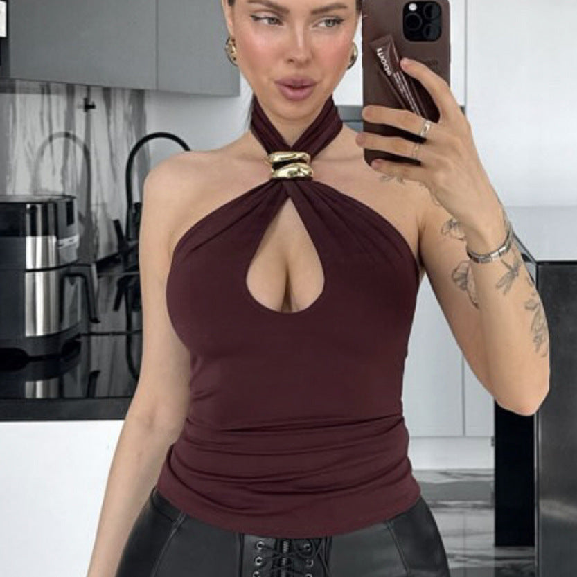 Summer Women Clothing Dignified Sense of Design Solid Color Metal Decoration Slim Fit Slimming Top
