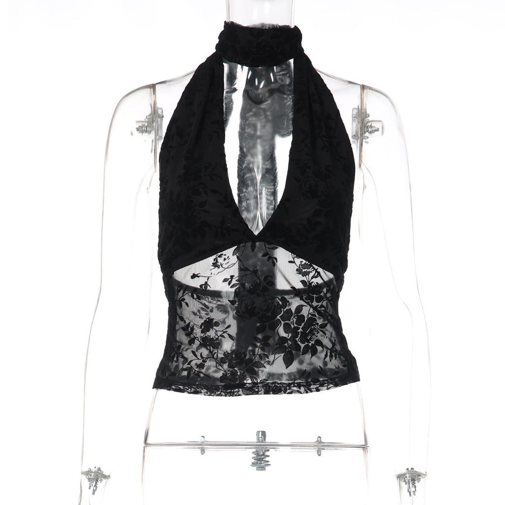 Women Clothing Spring Mesh Halter Sexy V neck Bare Back Strap Vest