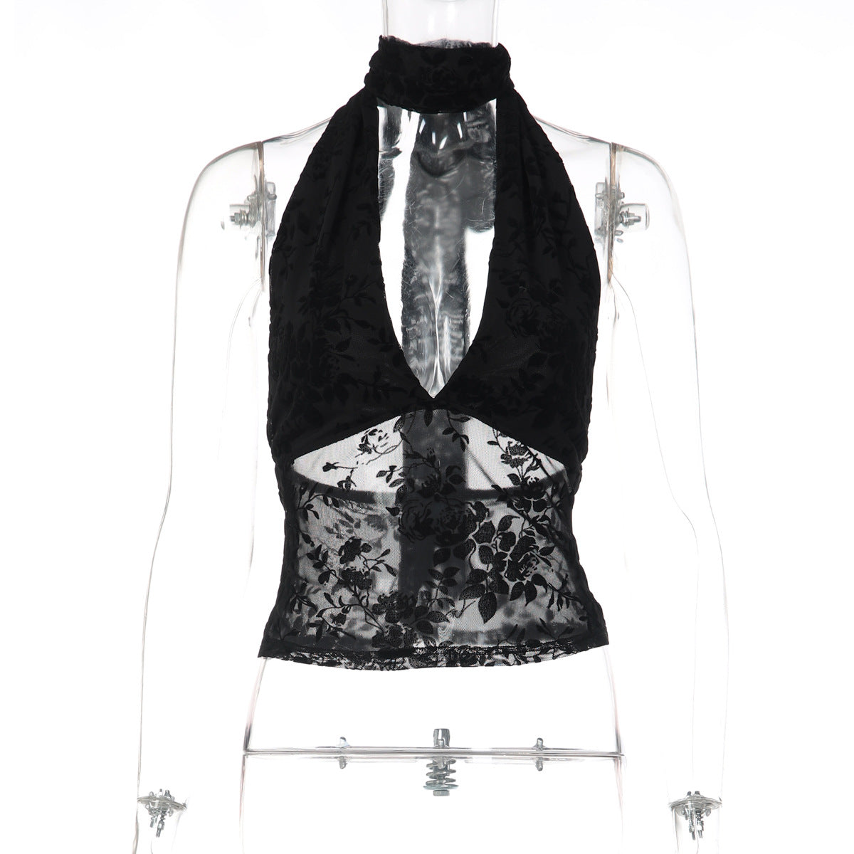 Women Clothing Spring Mesh Halter Sexy V neck Bare Back Strap Vest