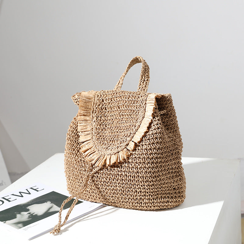Woven Straw Backpack with Tassel Detail Casual Seaside Bag - Image 3