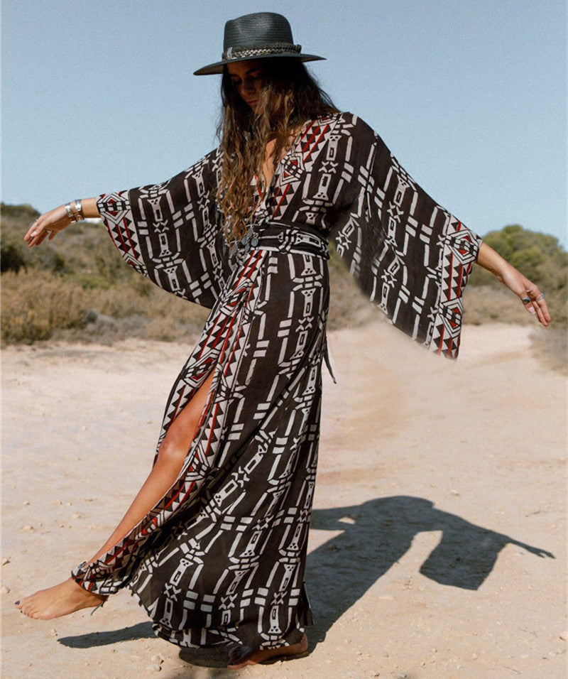 Rayon Positioning Printing Beach Cover-up Sexy Cardigan Loose Vacation Sun Protection Shirt Dress