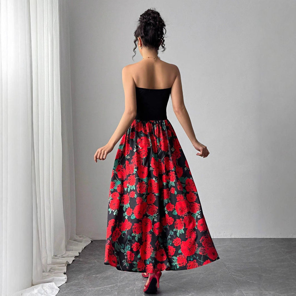 Spring Summer Elegant Lady Rose Print Short Stitching Bandeau Sexy Maxi Dress